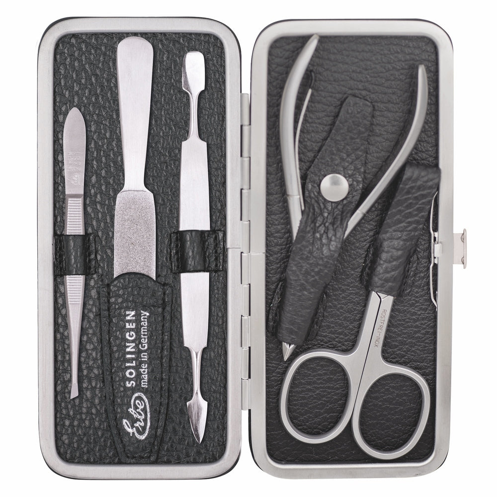 Erbe Maniküre Bügeletui inox Schwarz mit Hautzange und Nagelschere