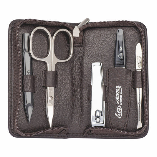 Erbe Maniküre-Etui SIENA Braun 5-teilig – geöffnetes Nappaleder-Etui mit fünf Instrumenten