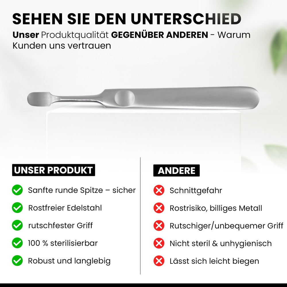 Nagelhautschieber Edelstahl – Sanfte abgerundete Spitze, ergonomischer rutschfester Griff