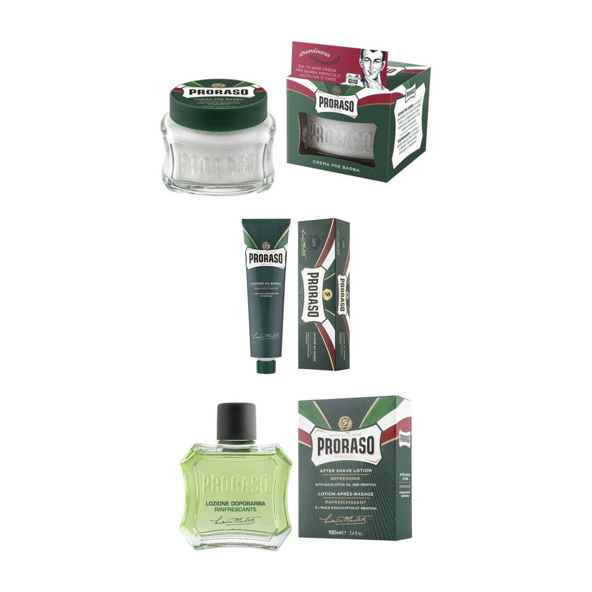 Proraso Rasur Set Green mit Pre-Shave Cream, Rasiercreme und After Shave Lotion