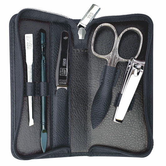 YES Solingen Manicure Reissverschluss-Etui Schwarz 5-teilig – Stahl (Instrumente), Leder (Etui)