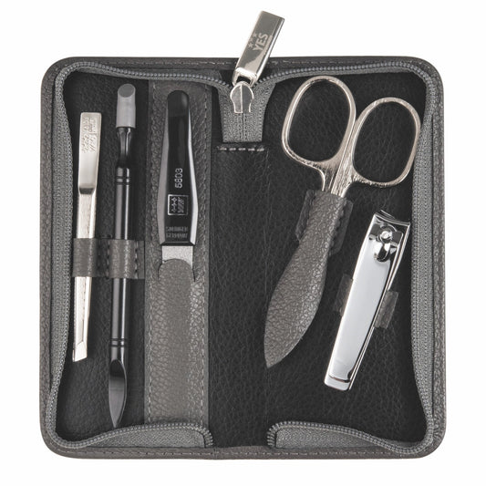 YES Solingen Manicure Reissverschluss-Etui Taupe 5-teilig – Stahl (Instrumente), Leder (Etui)