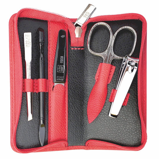 YES Solingen Manicure Reissverschluss-Etui Rot 5-teilig – Stahl (Instrumente), Leder (Etui)